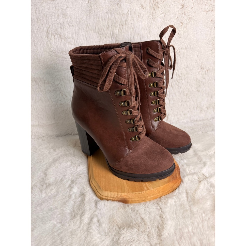 JustFab Shandee-E Brown Lace Up Ankle Boots Chunky Heel Lug Sole Womens Size 10